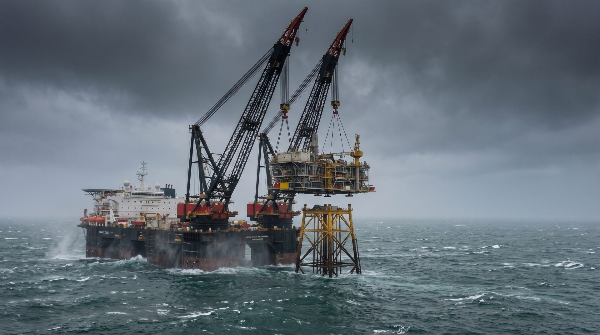 Offshore platform topside being removed at sea by a heavy-lift vessel, grey North Sea